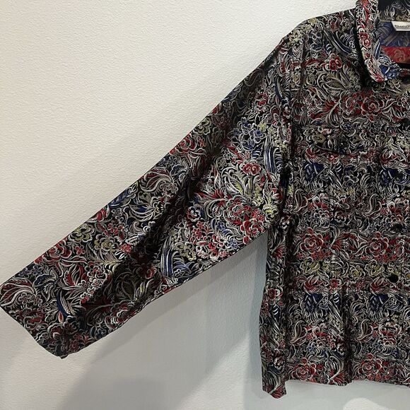 Chico’s Size 3 Multicolored Silk Blend Jacket Asian Inspired Abstract Flaw Read - Picture 3 of 9